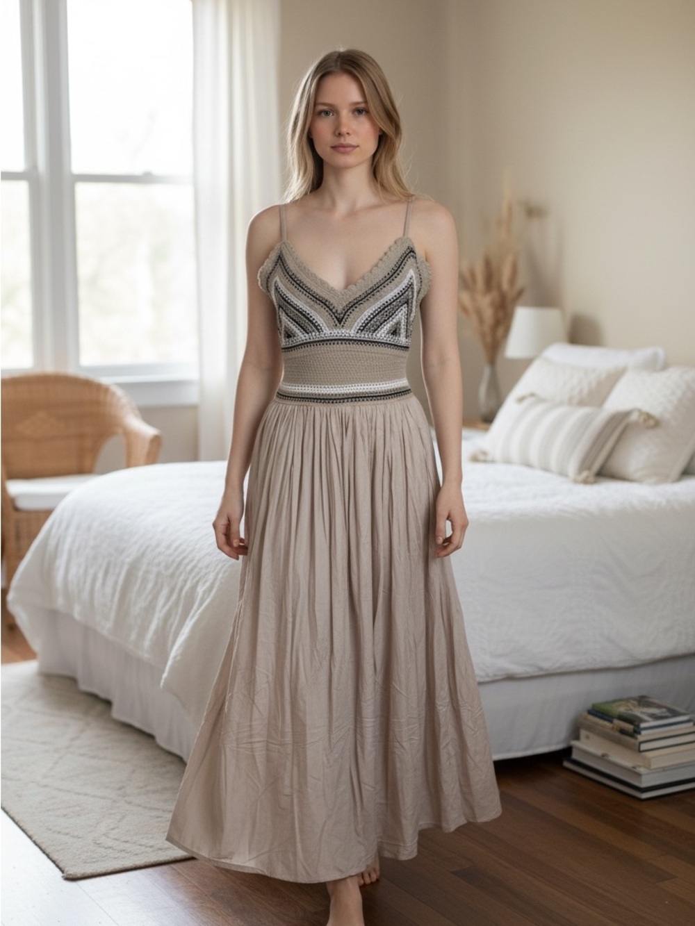 Crochet-Bodice Maxi Dress in Beige